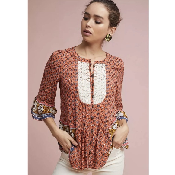 Anthropologie Tops - Anthropologie Maeve Womens Hiver Peasant Blouse 12 Orange Boho Hippie Floral